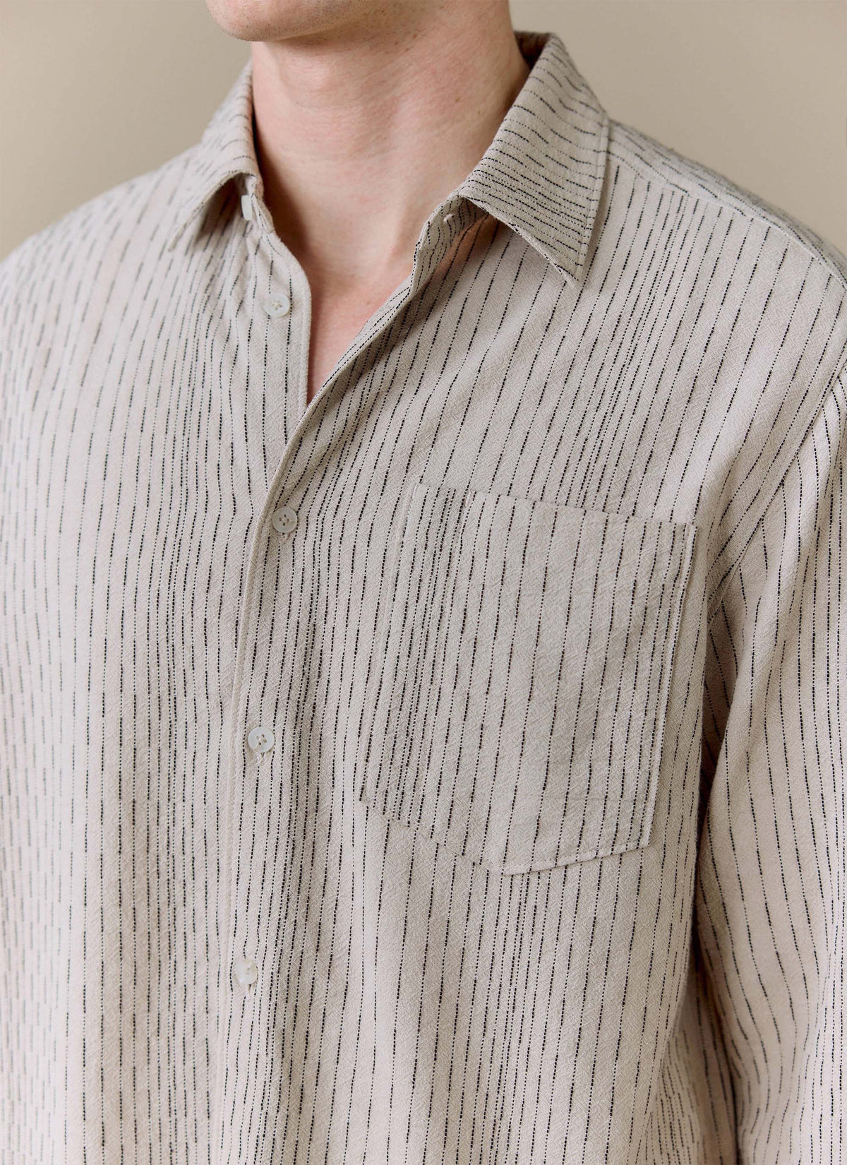 Men's Leland Cuban Boxy Long Sleeve Shirt - Cotton - Ecru | Percival
