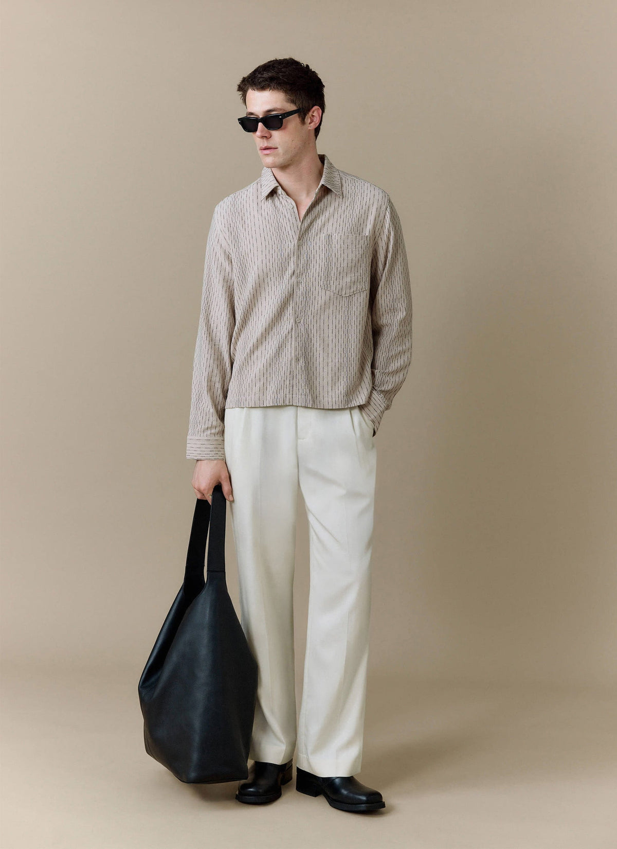 Men's Leland Cuban Boxy Long Sleeve Shirt - Cotton - Ecru | Percival