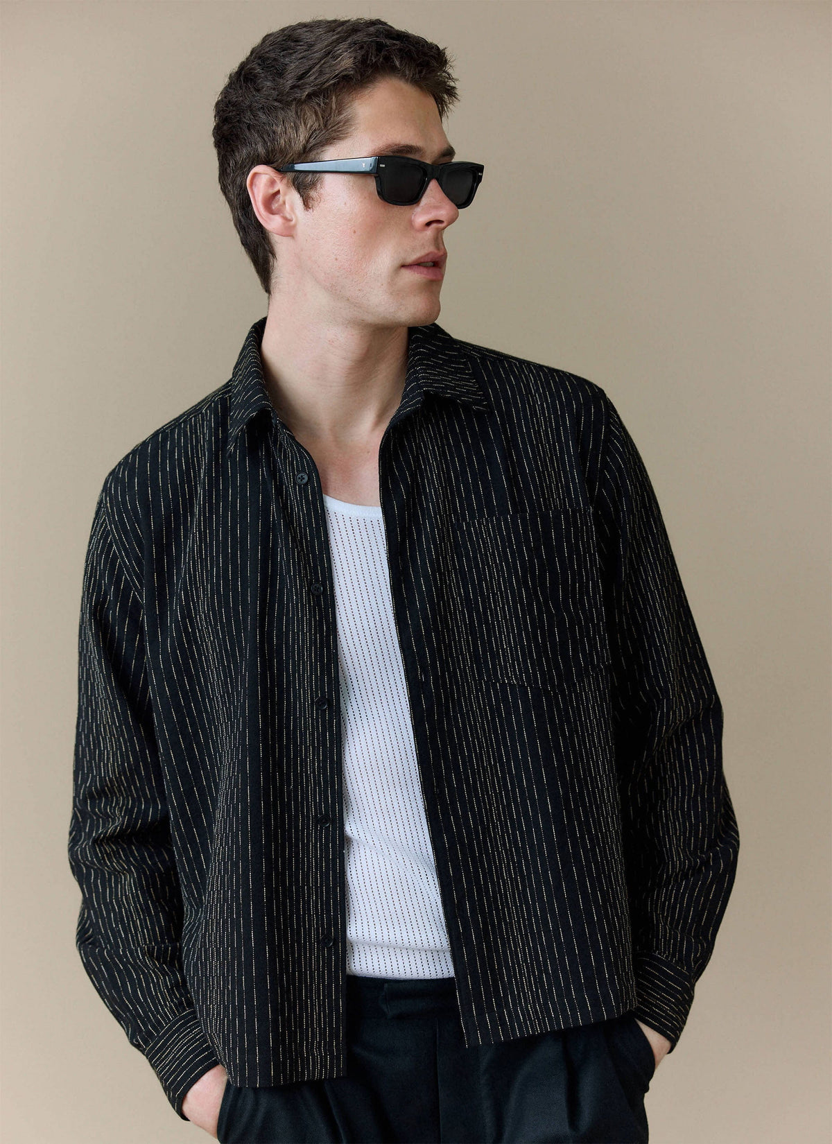 Men's Long Sleeve Boxy Shirt - Leland - Cotton - Black | Percival