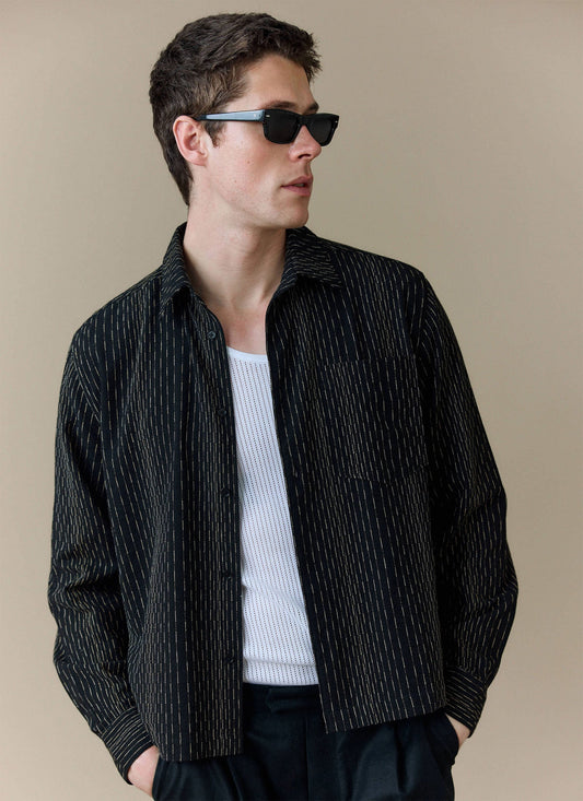 Men's Long Sleeve Boxy Shirt - Leland - Cotton - Black | Percival
