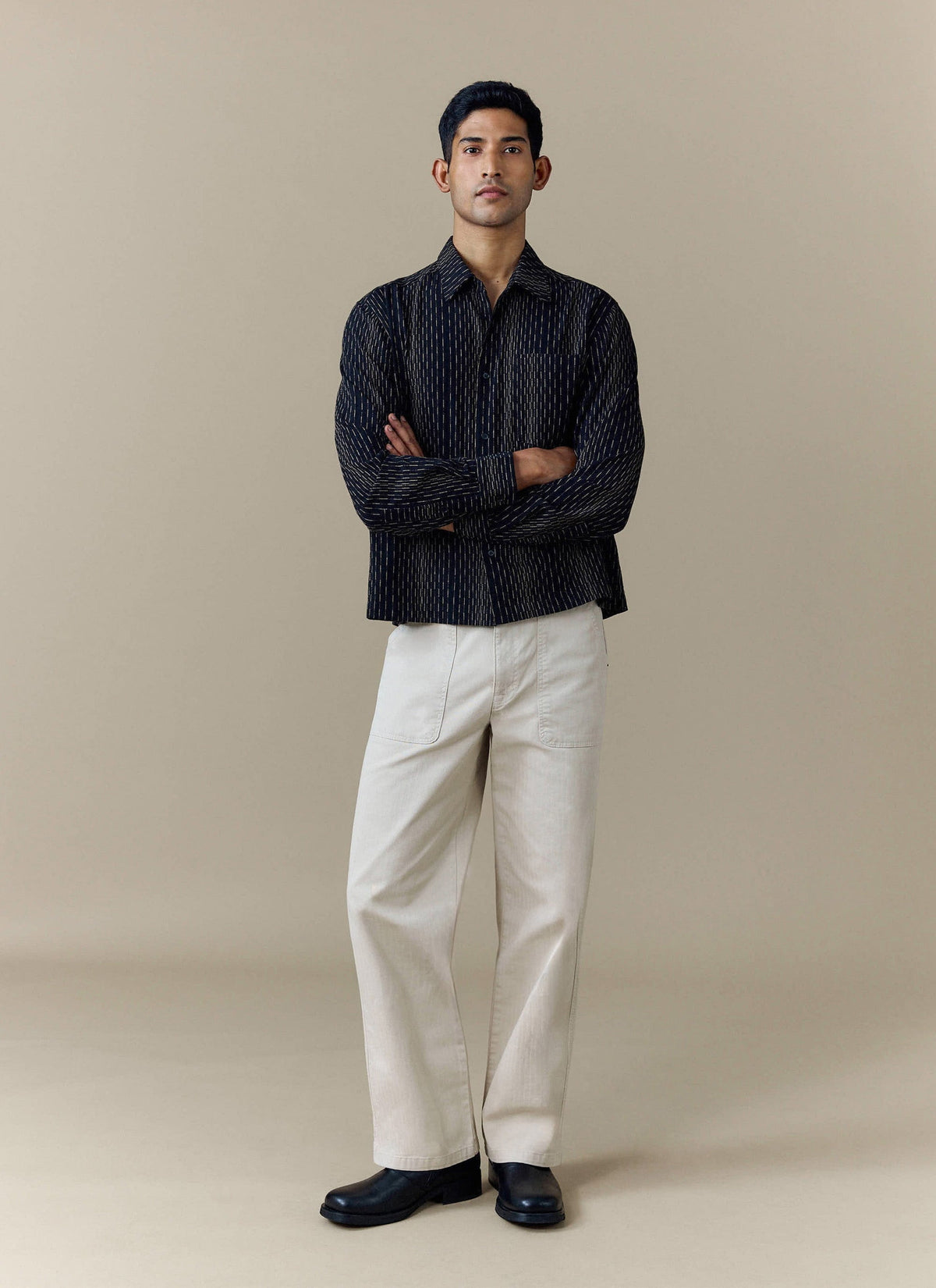 Men's Long Sleeve Boxy Shirt - Leland - Cotton - Black | Percival