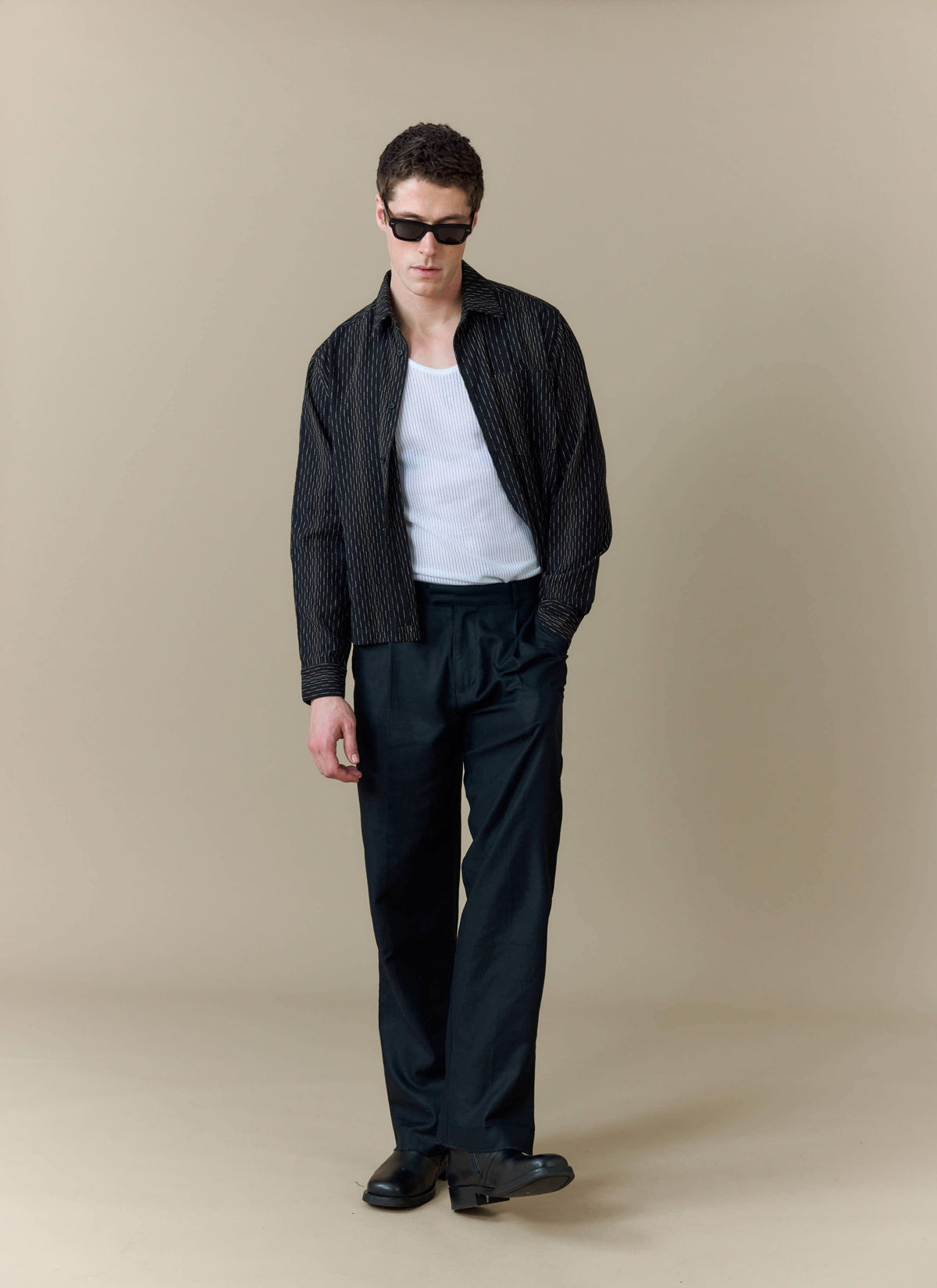 Men's Long Sleeve Boxy Shirt - Leland - Cotton - Black | Percival