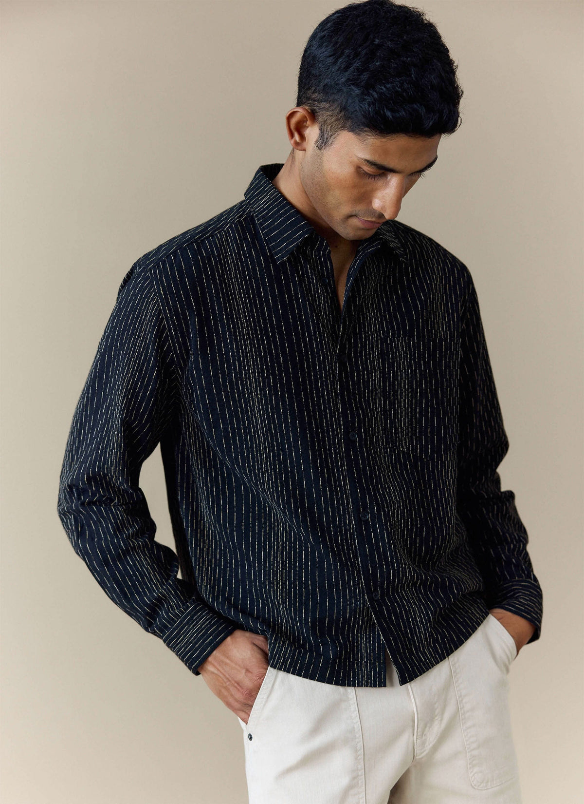 Men's Long Sleeve Boxy Shirt - Leland - Cotton - Black | Percival