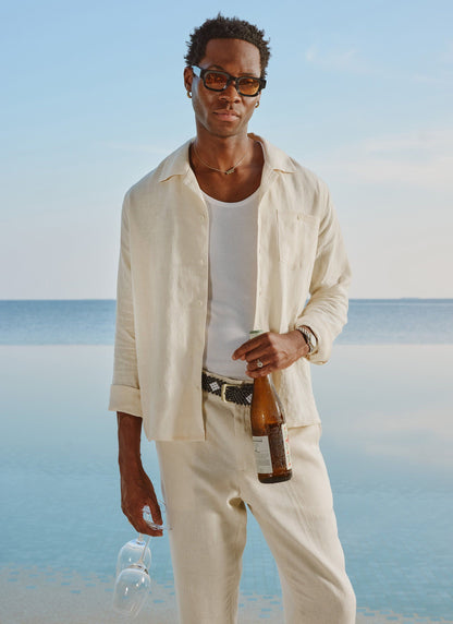 Men's Long Sleeve Cuban Shirt - 100% Linen - Cream | Percival