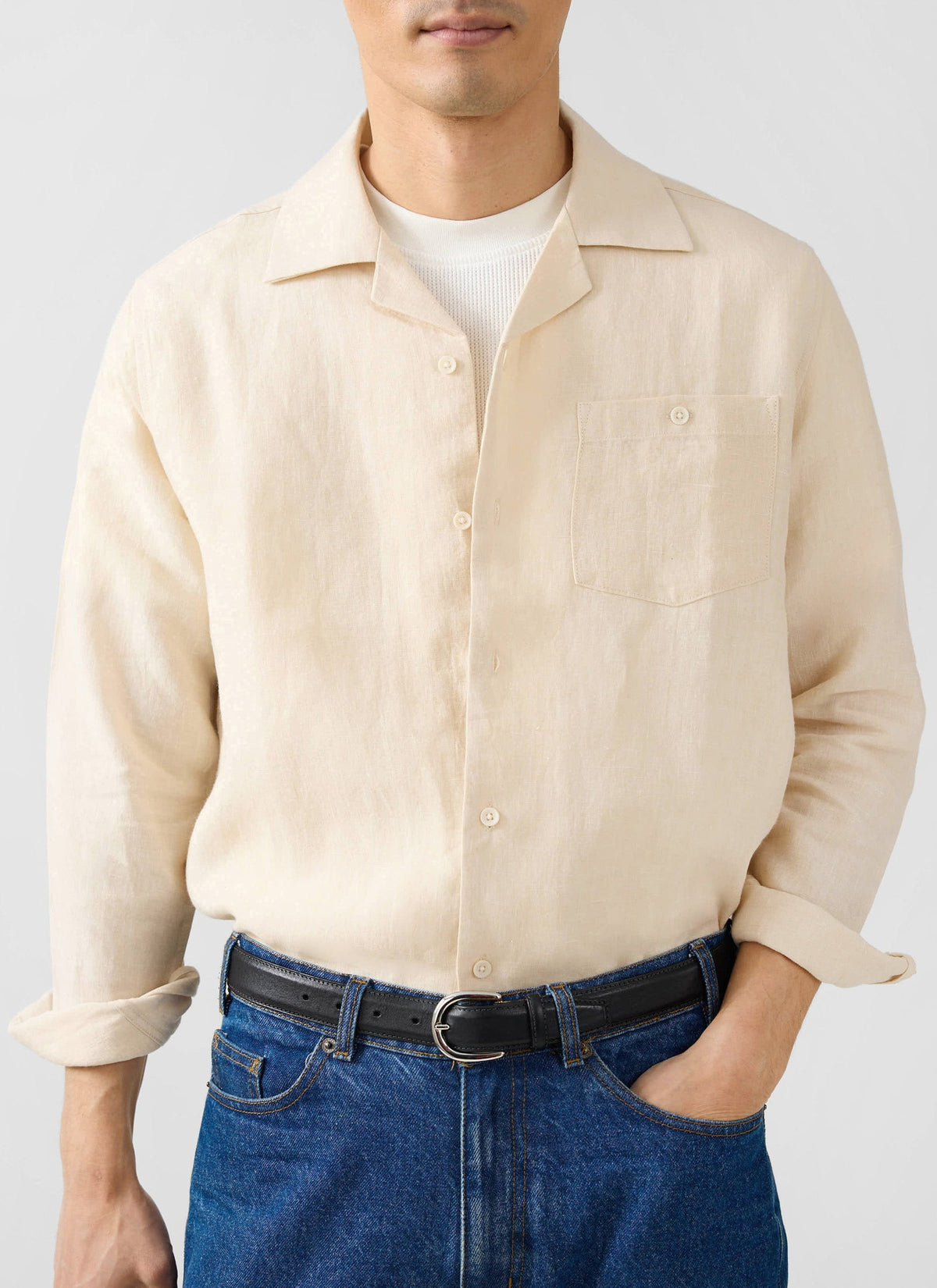 Men's Long Sleeve Cuban Shirt - 100% Linen - Cream | Percival