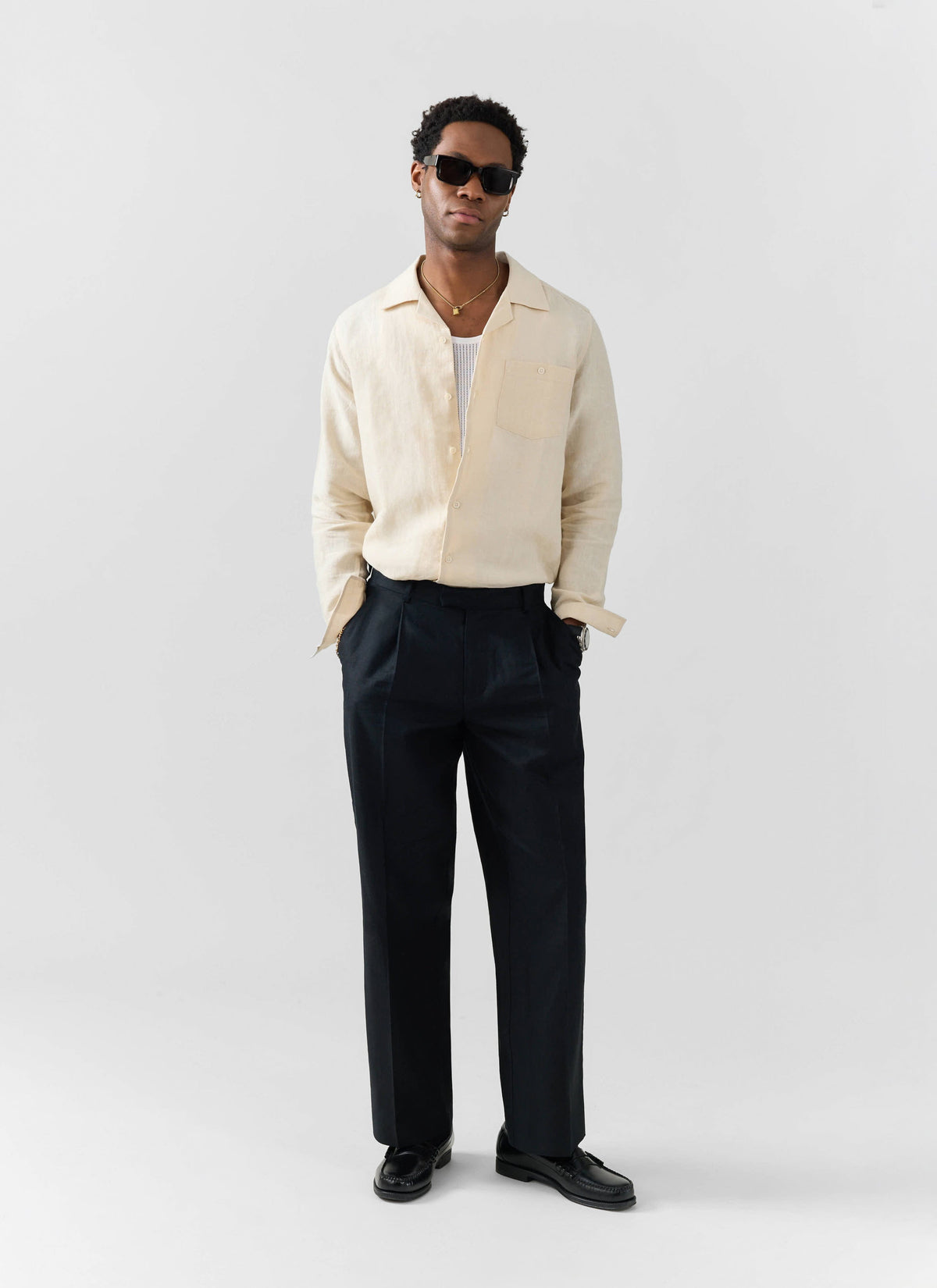 Men's Long Sleeve Cuban Shirt - 100% Linen - Cream | Percival