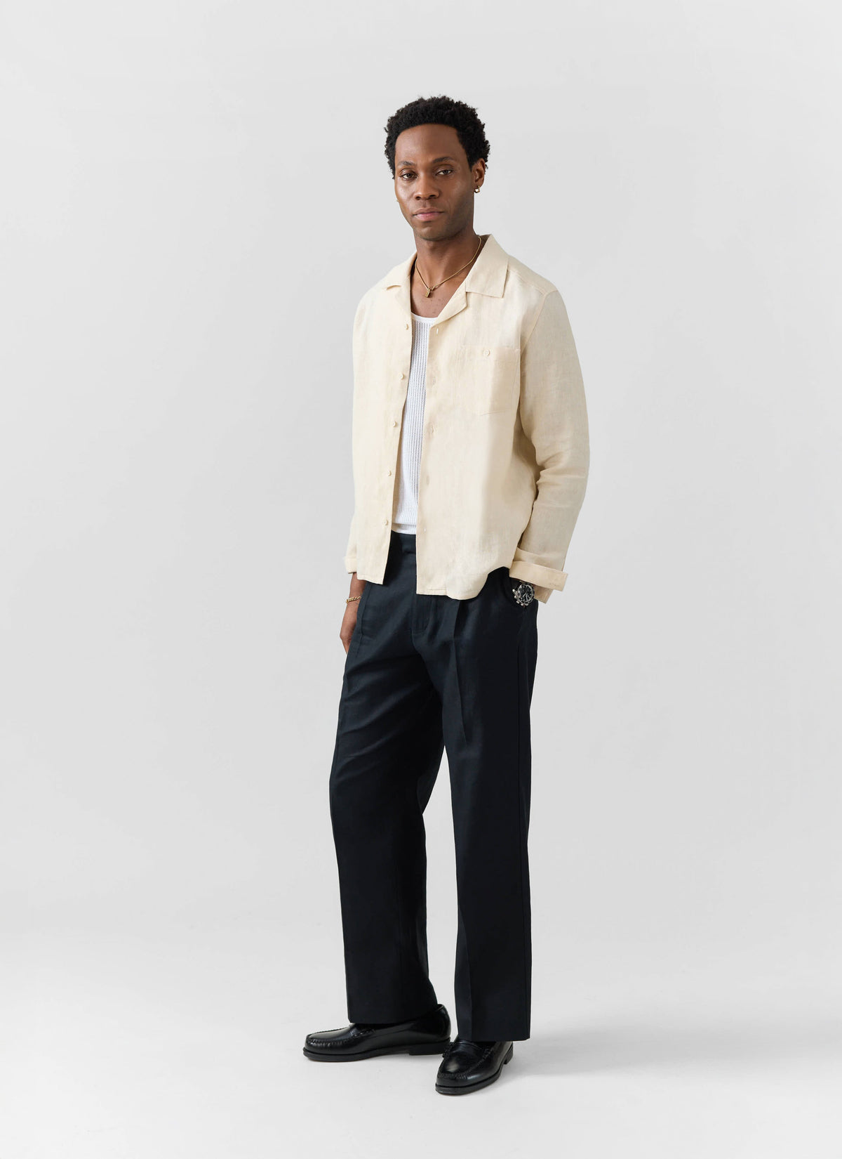 Men's Long Sleeve Cuban Shirt - 100% Linen - Cream | Percival