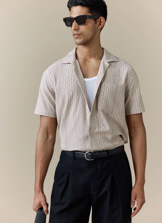 Men's Cuban Collar Shirt: Leland - Cream - Cotton | Percival