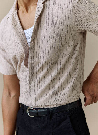 Men's Cuban Collar Shirt: Leland - Cream - Cotton | Percival