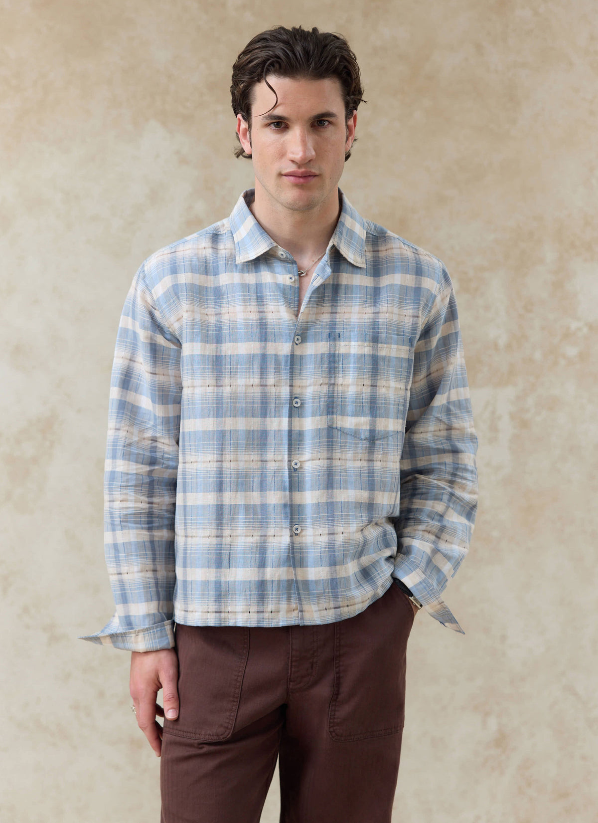 Men's Check Shirt - Jesse - Linen Blend - Light Blue | Percival