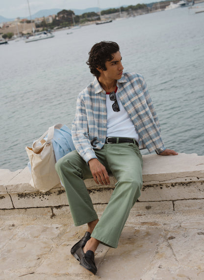 Men's Check Shirt - Jesse - Linen Blend - Light Blue | Percival