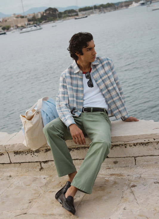 Men's Check Shirt - Jesse - Linen Blend - Light Blue | Percival