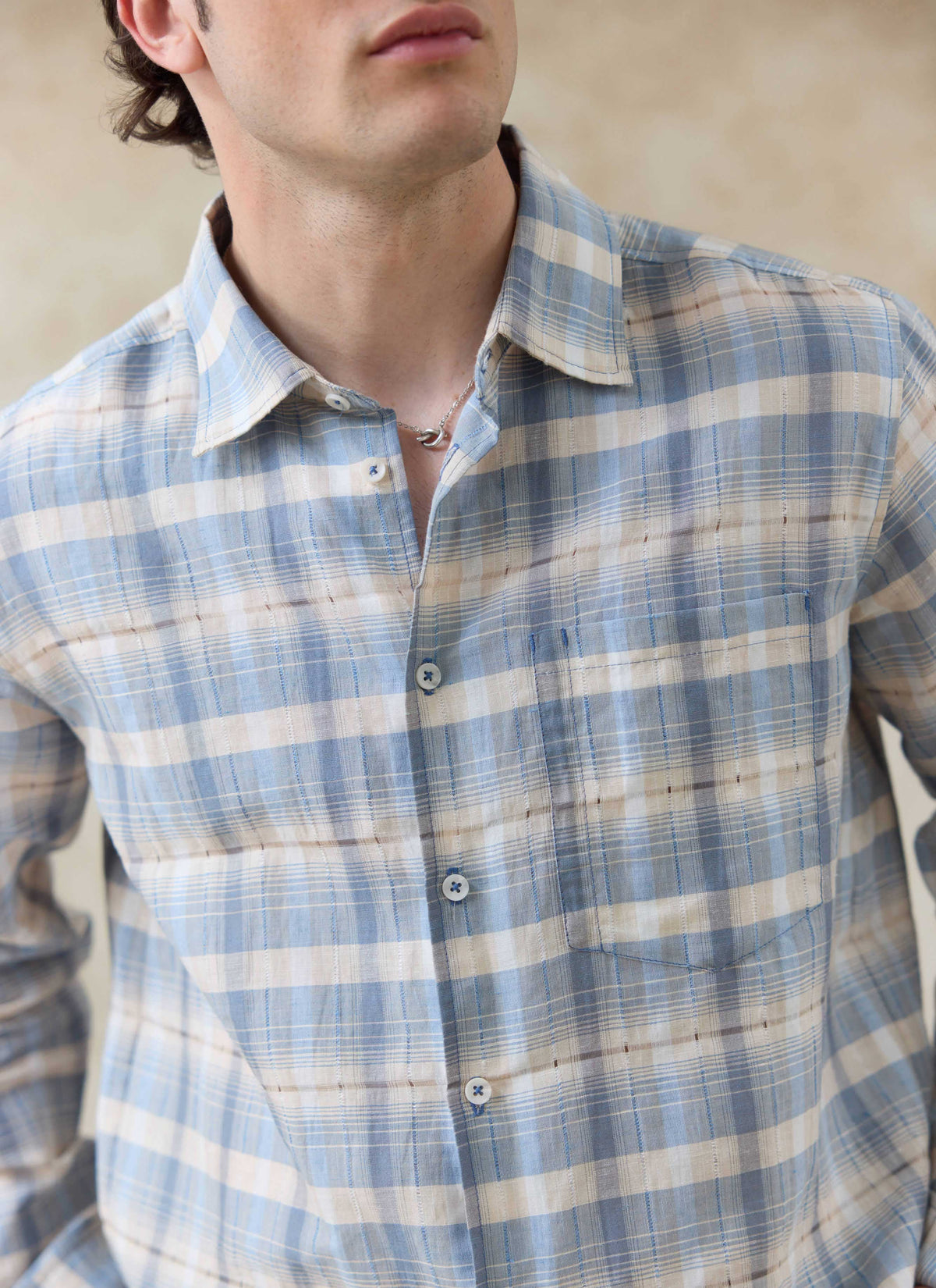 Men's Check Shirt - Jesse - Linen Blend - Light Blue | Percival