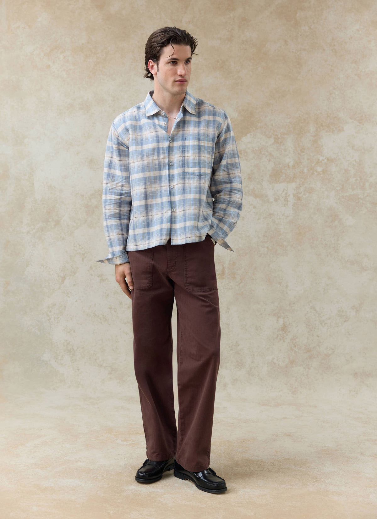 Men's Check Shirt - Jesse - Linen Blend - Light Blue | Percival