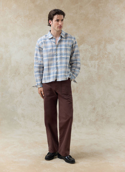 Men's Check Shirt - Jesse - Linen Blend - Light Blue | Percival