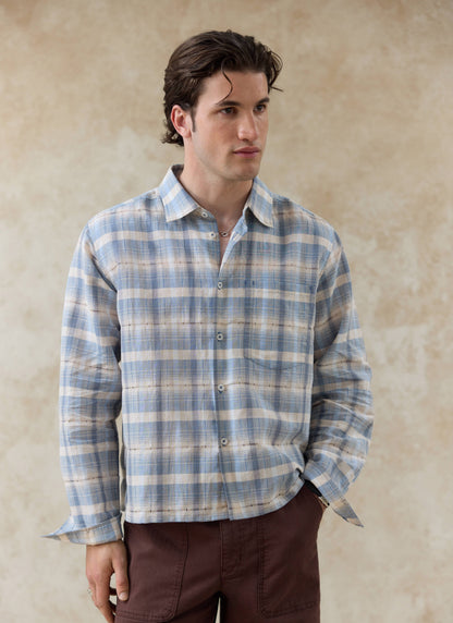 Men's Check Shirt - Jesse - Linen Blend - Light Blue | Percival