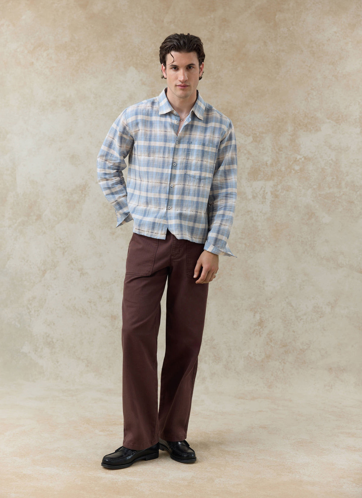 Men's Check Shirt - Jesse - Linen Blend - Light Blue | Percival
