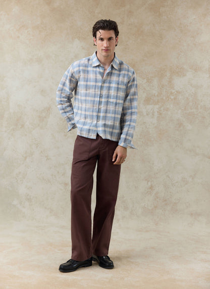 Men's Check Shirt - Jesse - Linen Blend - Light Blue | Percival
