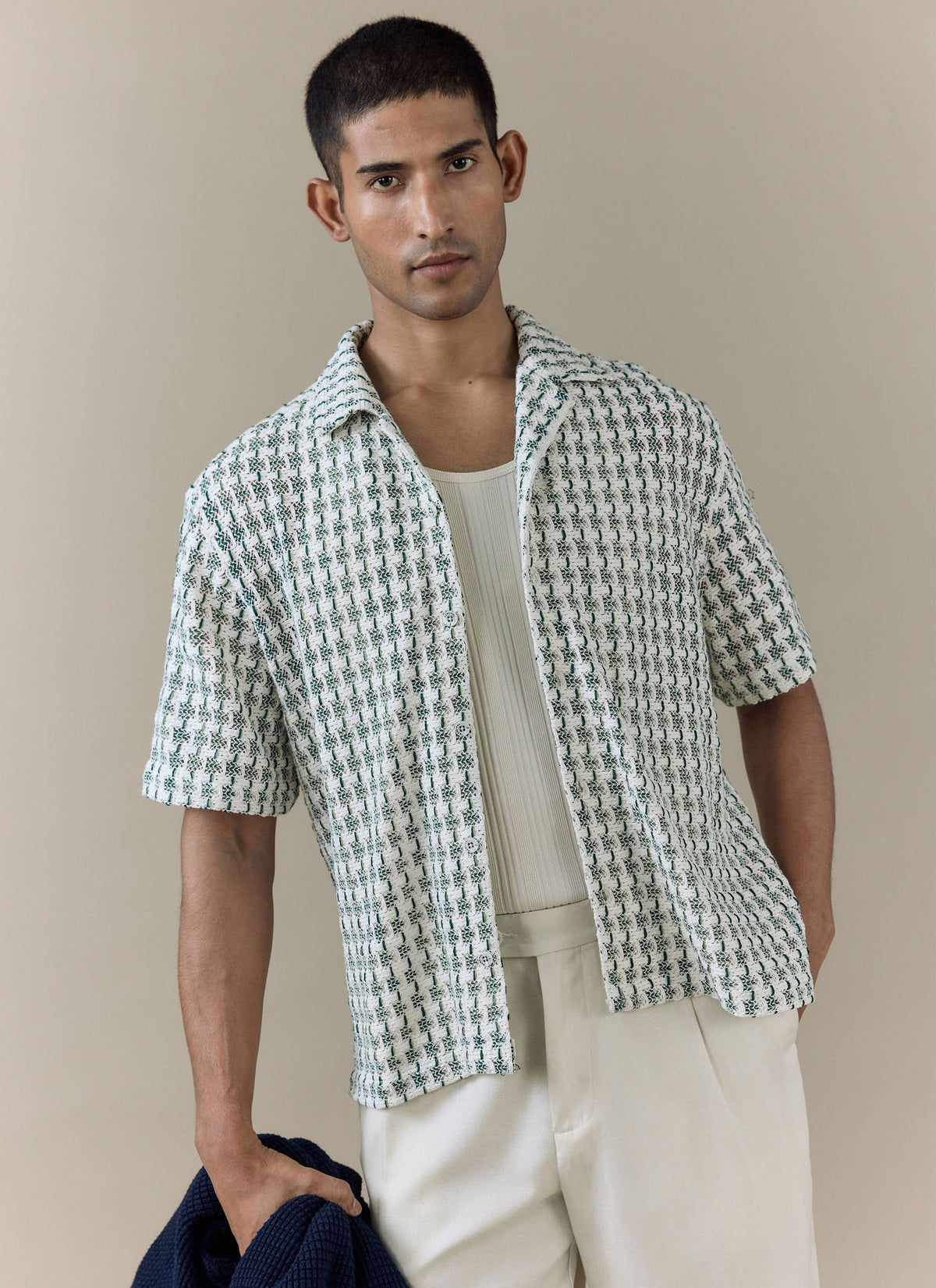 Men's Short Sleeve Crochet Shirt - Cotton - Green | Percival