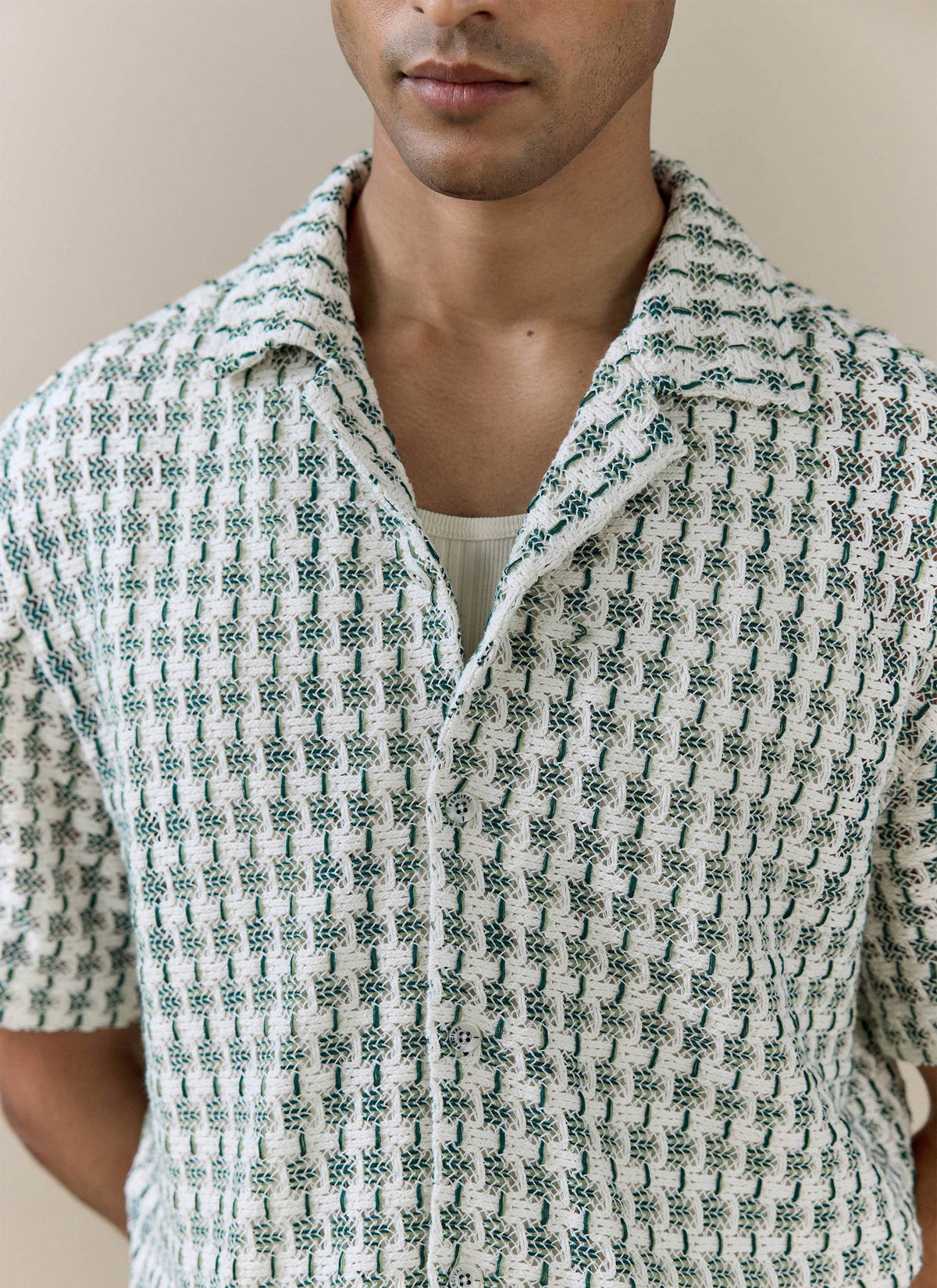 Men's Short Sleeve Crochet Shirt - Cotton - Green | Percival