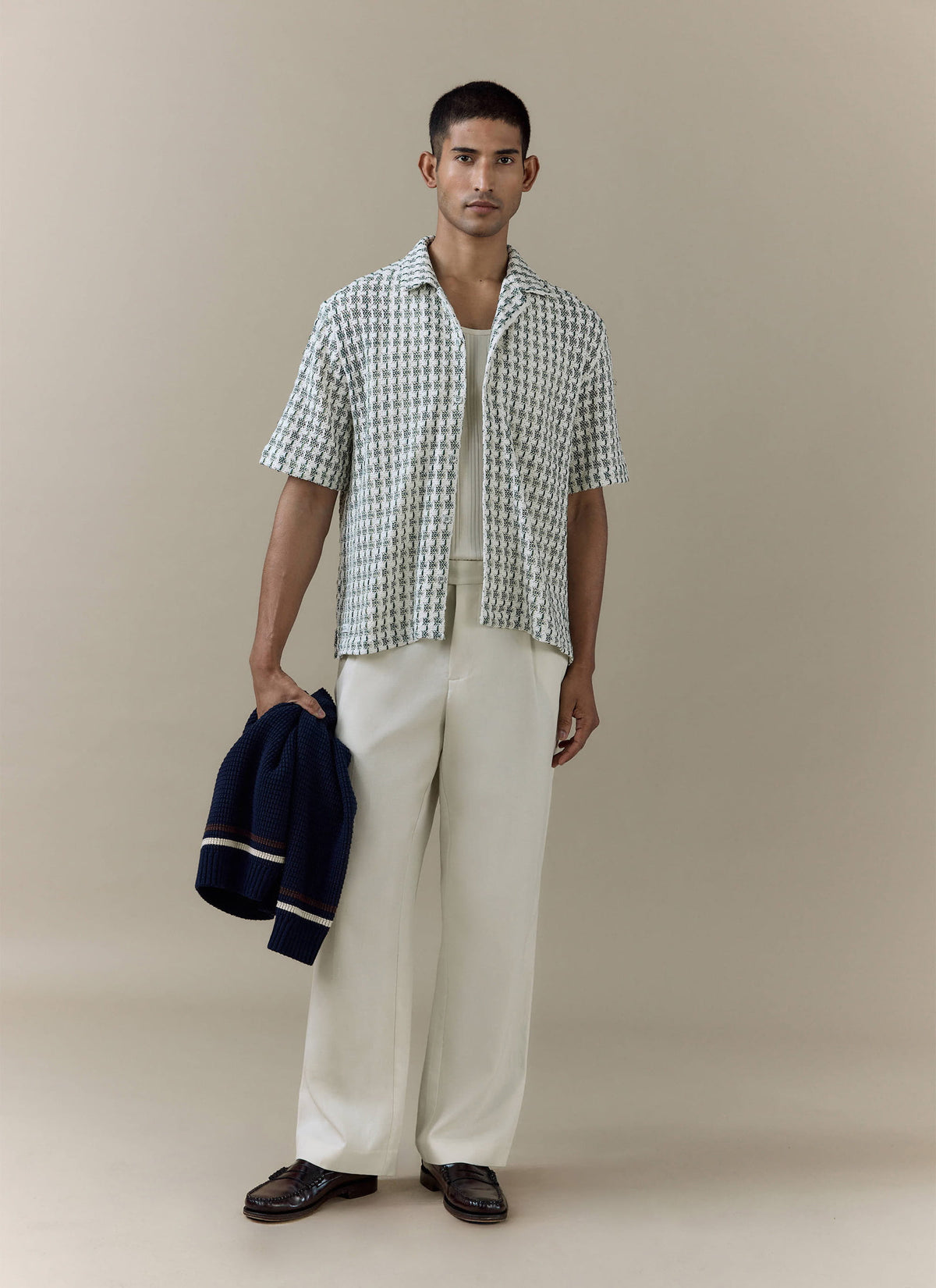 Men's Short Sleeve Crochet Shirt - Cotton - Green | Percival