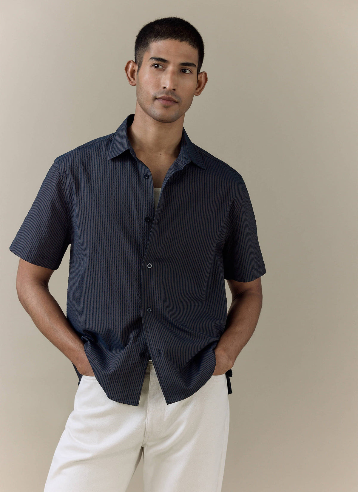 Men's Seersucker Boxy Shirt - Cotton - Navy Stripe | Percival