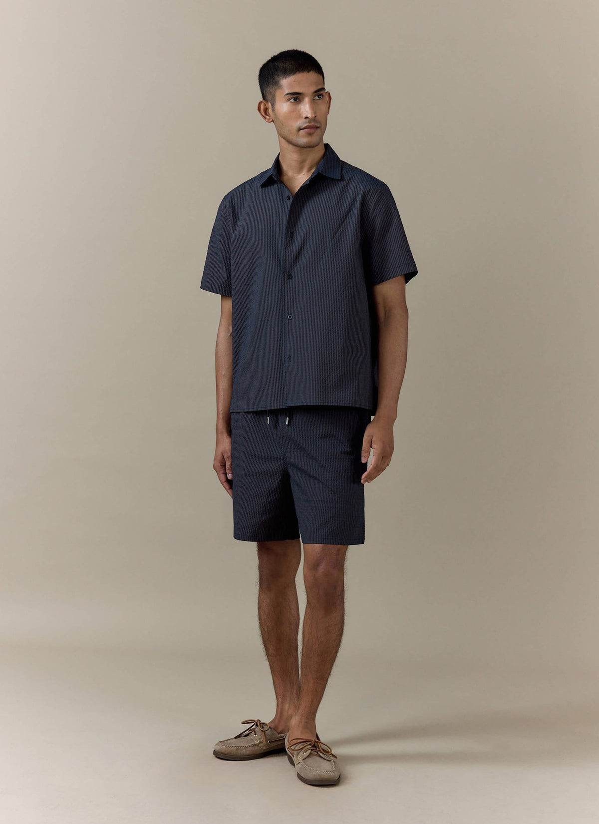 Men's Seersucker Boxy Shirt - Cotton - Navy Stripe | Percival