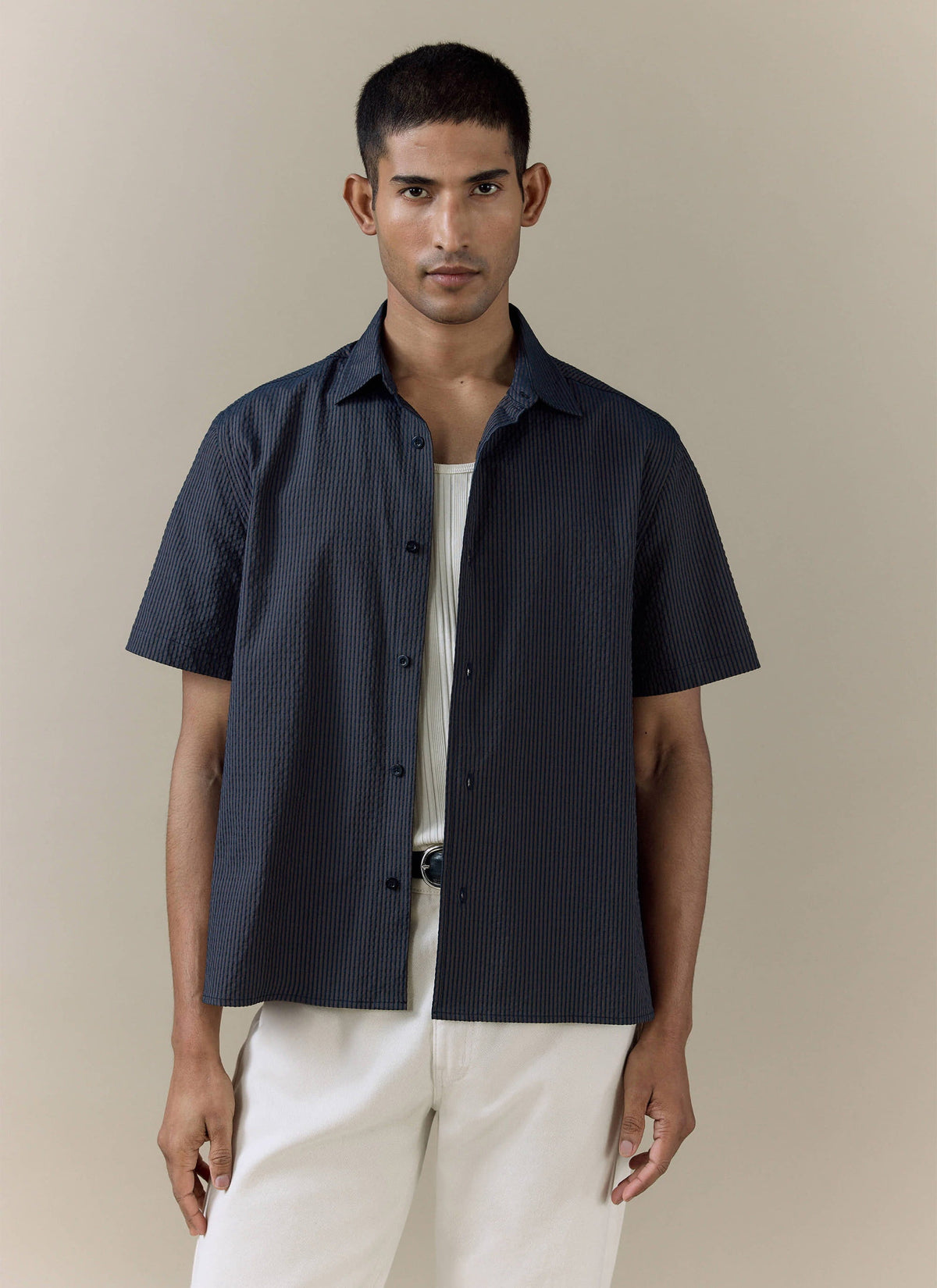 Men's Seersucker Boxy Shirt - Cotton - Navy Stripe | Percival