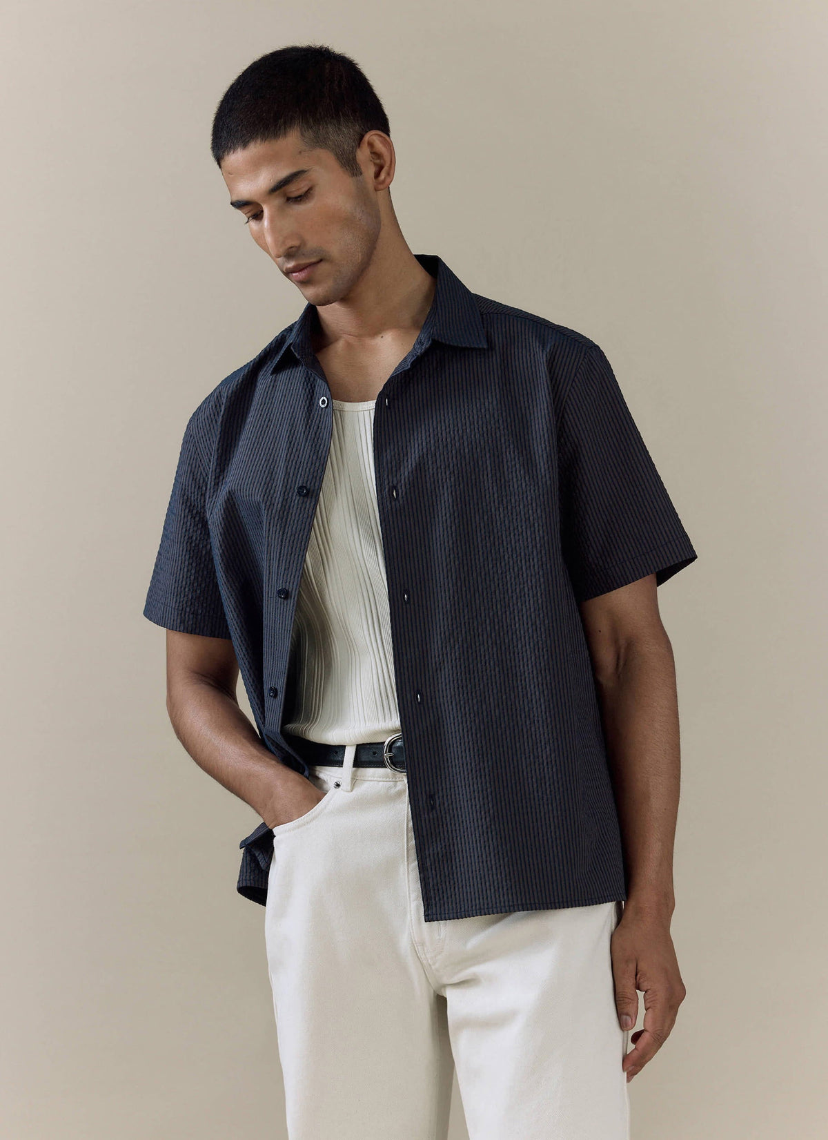 Men's Seersucker Boxy Shirt - Cotton - Navy Stripe | Percival