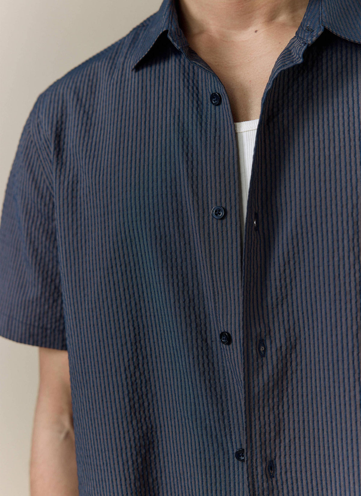 Men's Seersucker Boxy Shirt - Cotton - Navy Stripe | Percival
