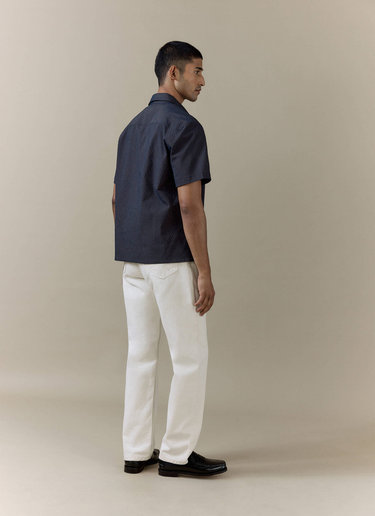 Men's Seersucker Boxy Shirt - Cotton - Navy Stripe | Percival