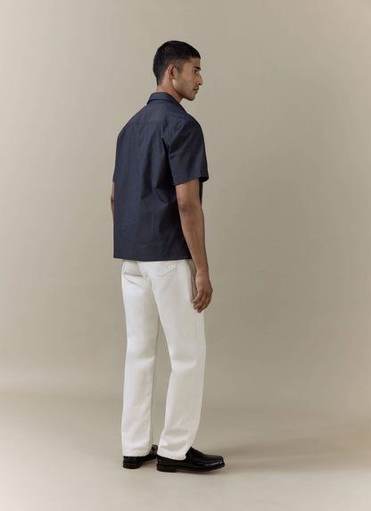 Men's Seersucker Boxy Shirt - Cotton - Navy Stripe | Percival