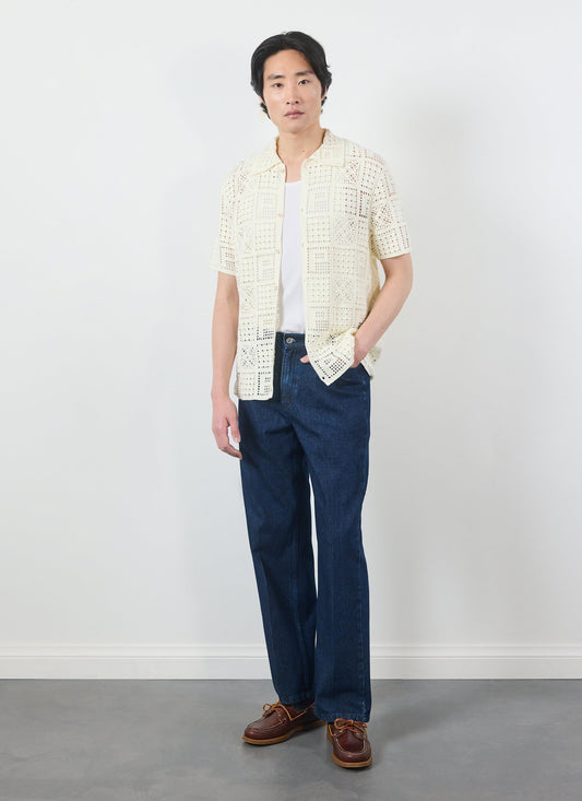Men's Knitted Crotchet Shirt - Groundsman - Cotton - Ecru | Percival