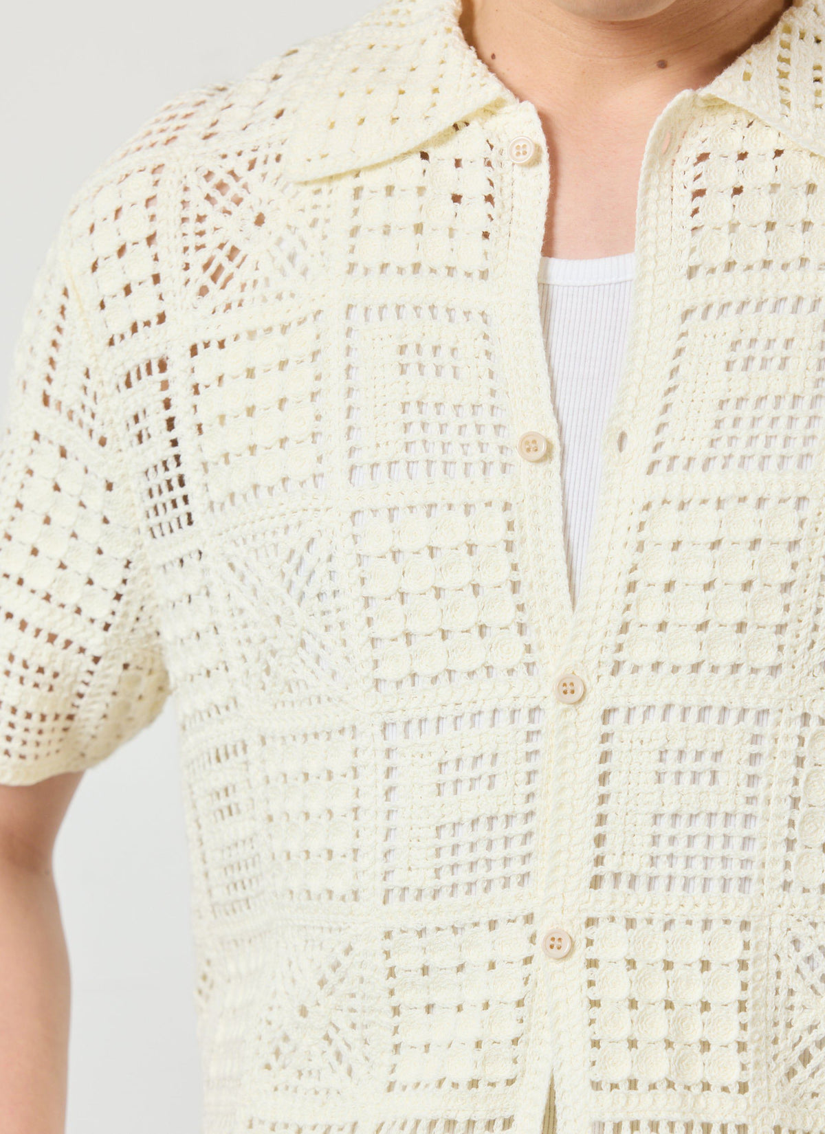 Men's Knitted Crotchet Shirt - Groundsman - Cotton - Ecru | Percival
