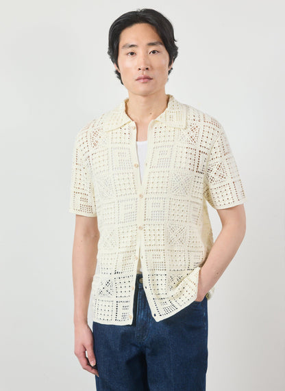 Men's Knitted Crotchet Shirt - Groundsman - Cotton - Ecru | Percival