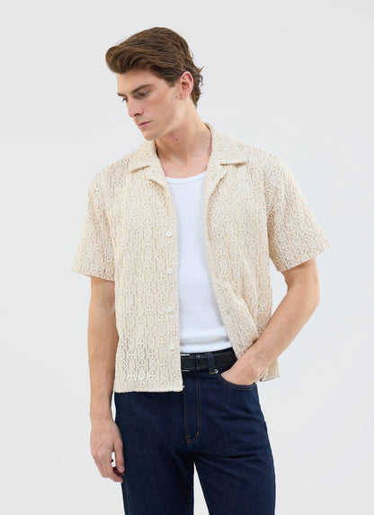 Men's Crochet Cuban Shirt: Elio - Ecru Cream | Percival