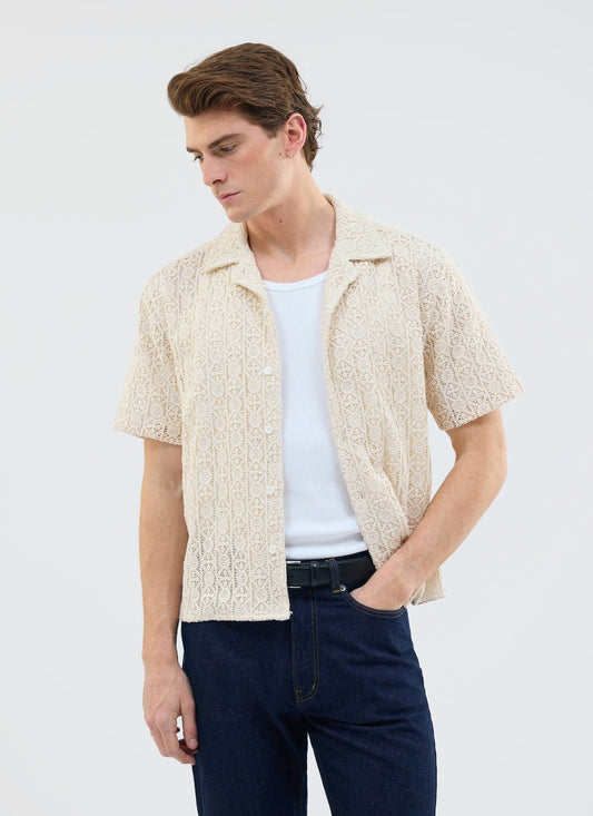 Men's Crochet Cuban Shirt: Elio - Ecru Cream | Percival