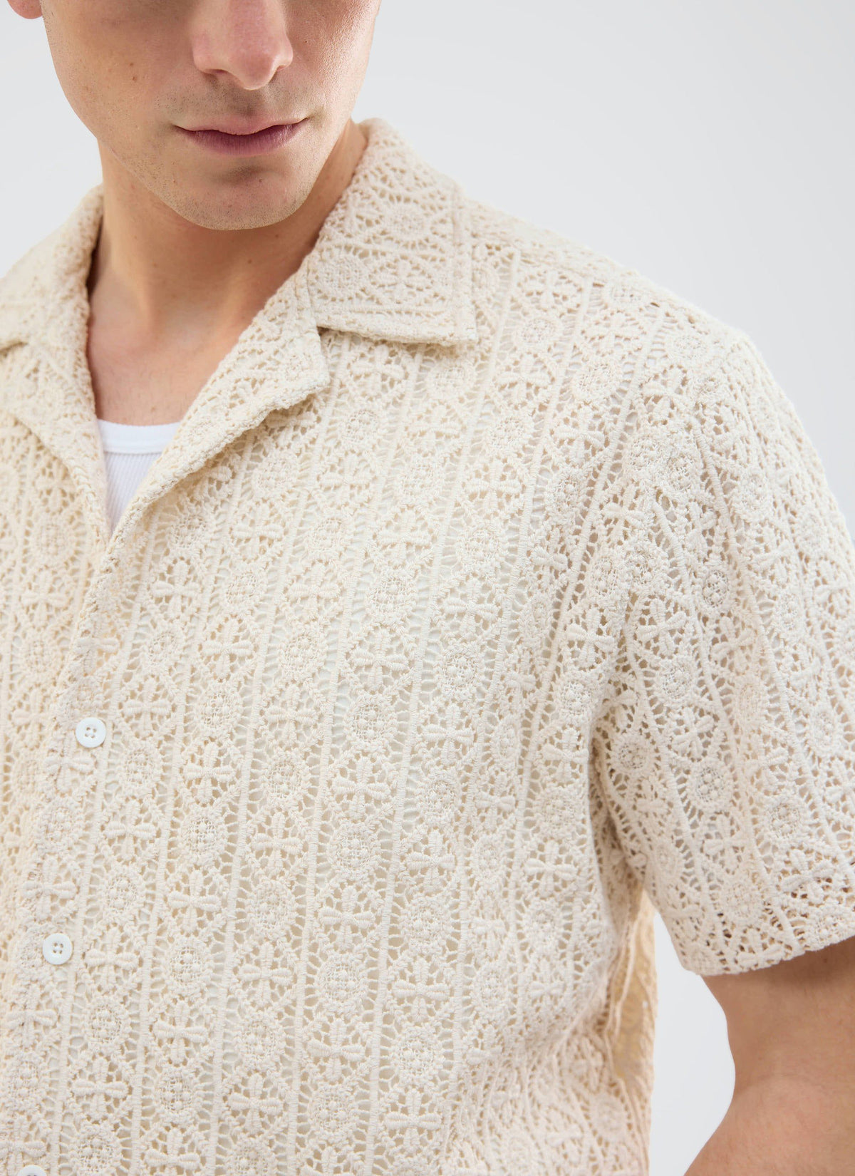 Men's Crochet Cuban Shirt: Elio - Ecru Cream | Percival