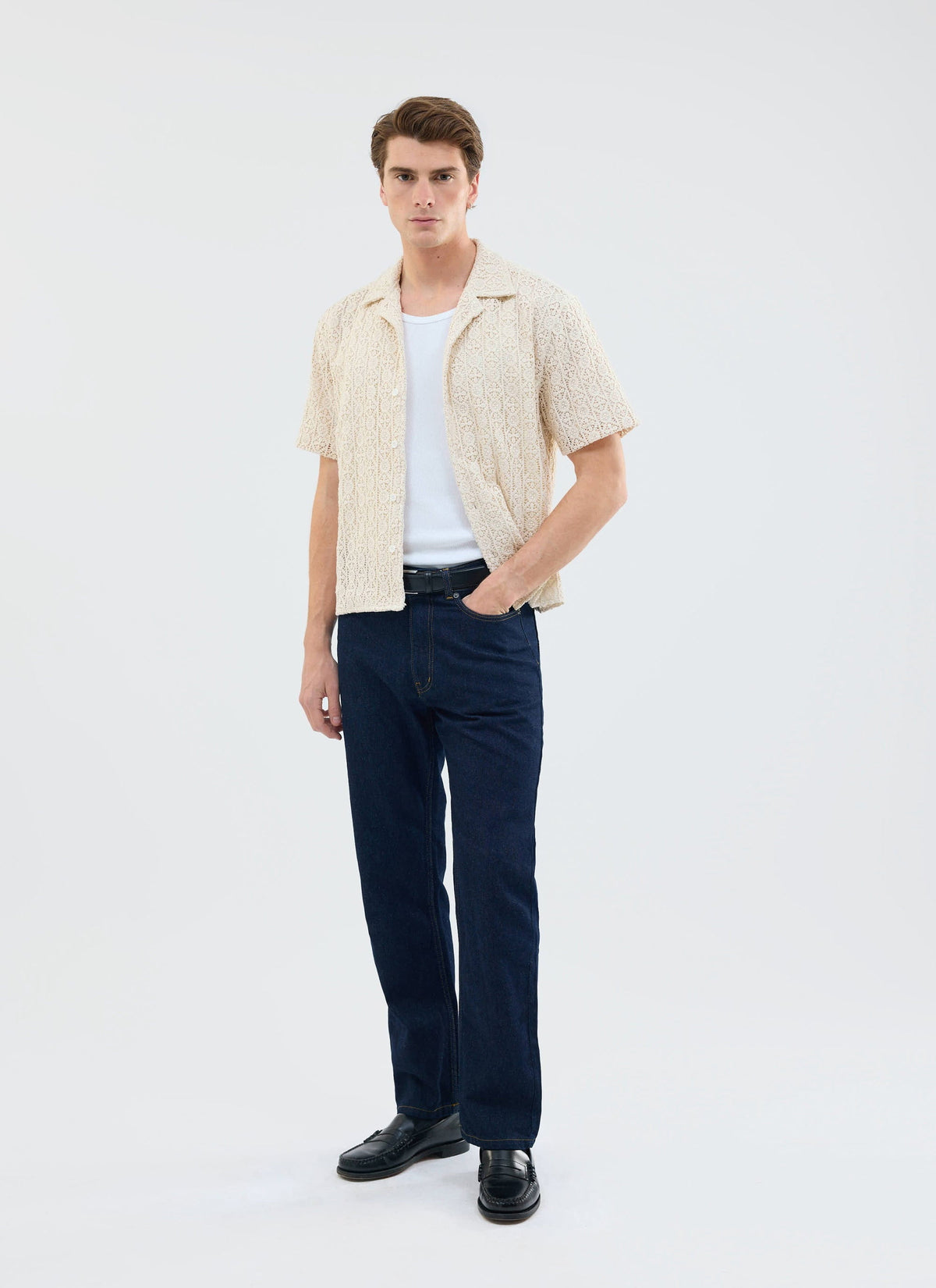 Men's Crochet Cuban Shirt: Elio - Ecru Cream | Percival