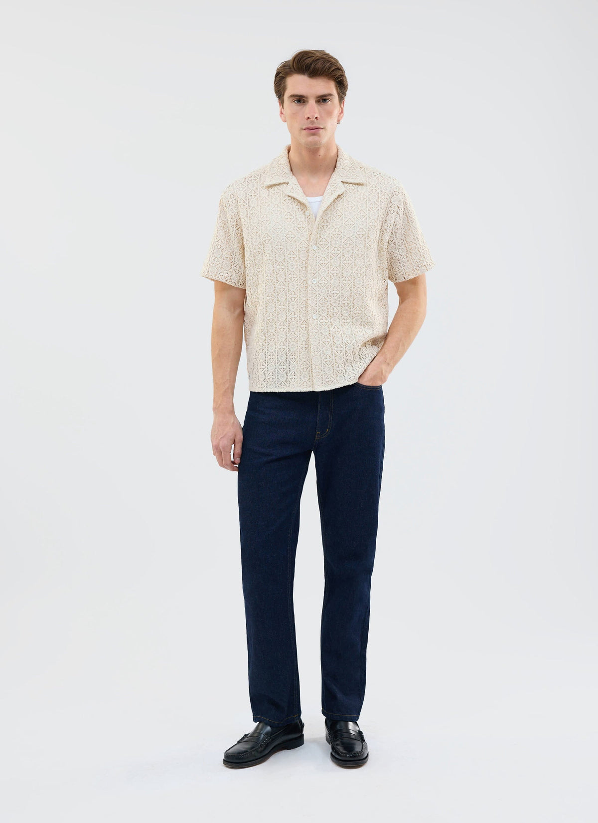 Men's Crochet Cuban Shirt: Elio - Ecru Cream | Percival