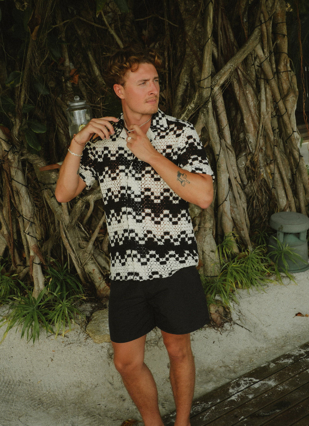 Men's Crochet Cuban Collar Shirt - Naples - Ecru Cream | Percival