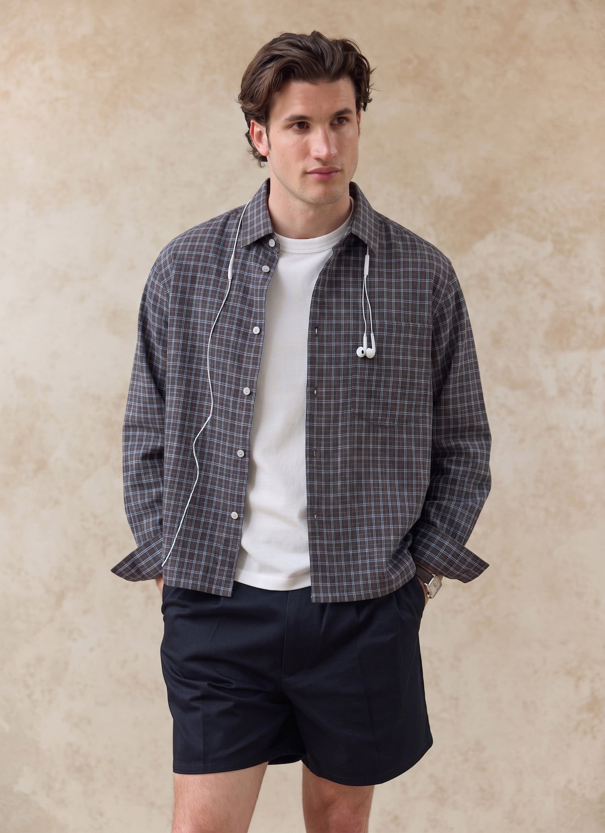 Men's Check Boxy Shirt - Hinsley - 100% Cotton - Brown | Percival