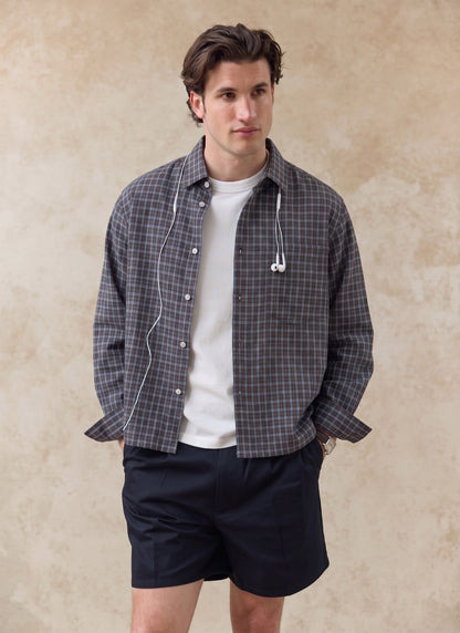 Men's Check Boxy Shirt - Hinsley - 100% Cotton - Brown | Percival