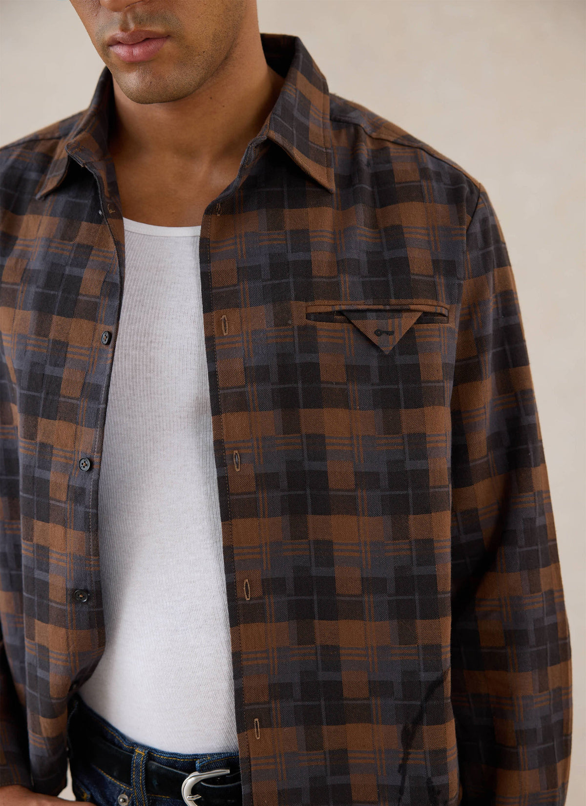 Hinsley Boxy Sleeve Shirt - Brown Check | Percival