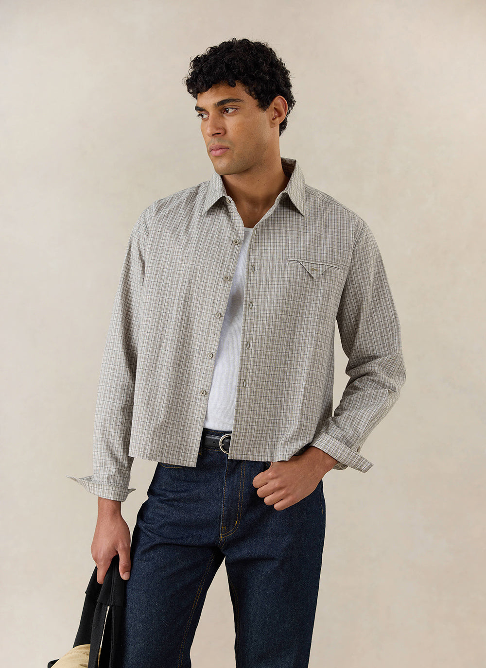 Men's Check Shirt: Hinsley - Cotton - Cream Check | Percival
