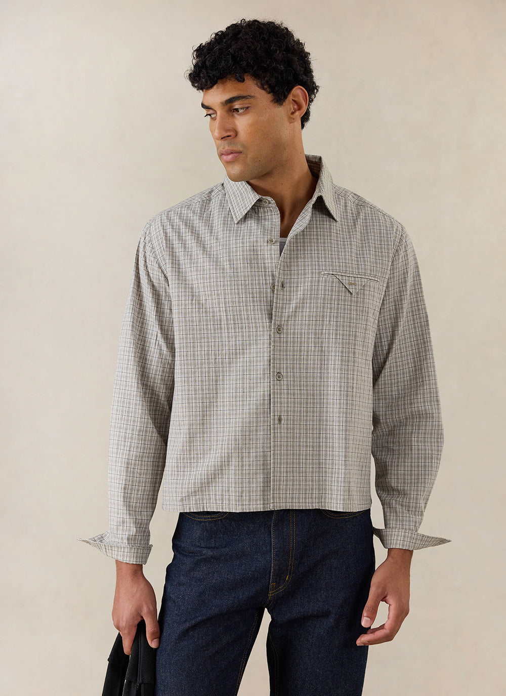 Men's Check Shirt: Hinsley - Cotton - Cream Check | Percival