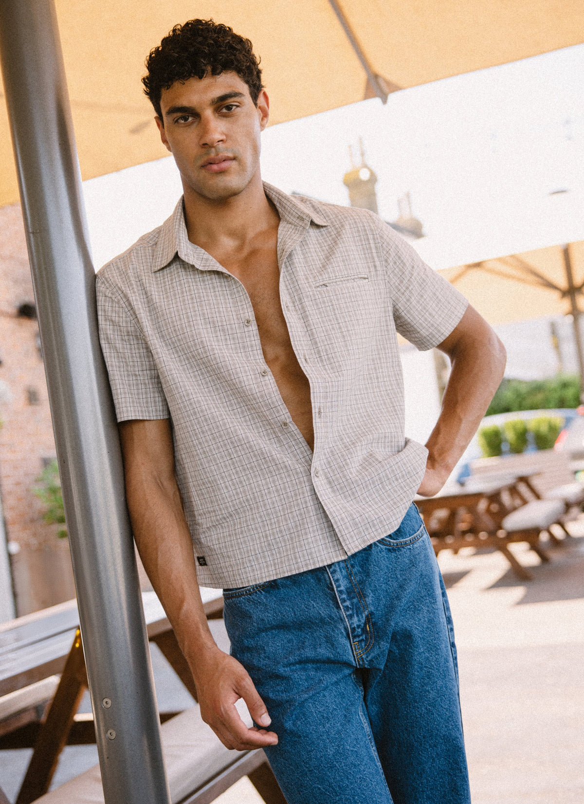 Men's Boxy Short Sleeve Shirt - Cotton - Cream Check | Percival