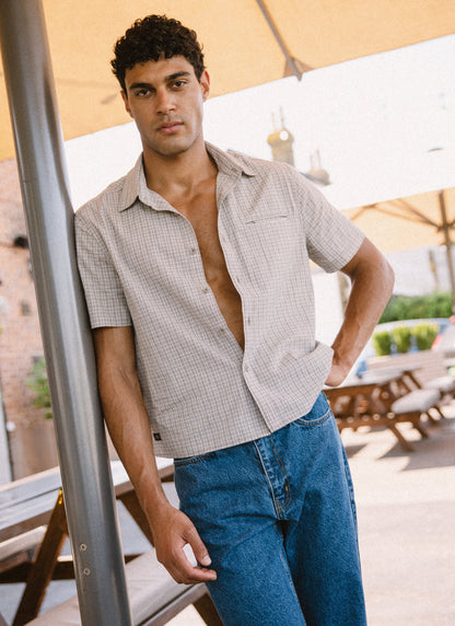 Men's Boxy Short Sleeve Shirt - Cotton - Cream Check | Percival