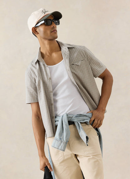 Men's Boxy Short Sleeve Shirt - Cotton - Cream Check | Percival