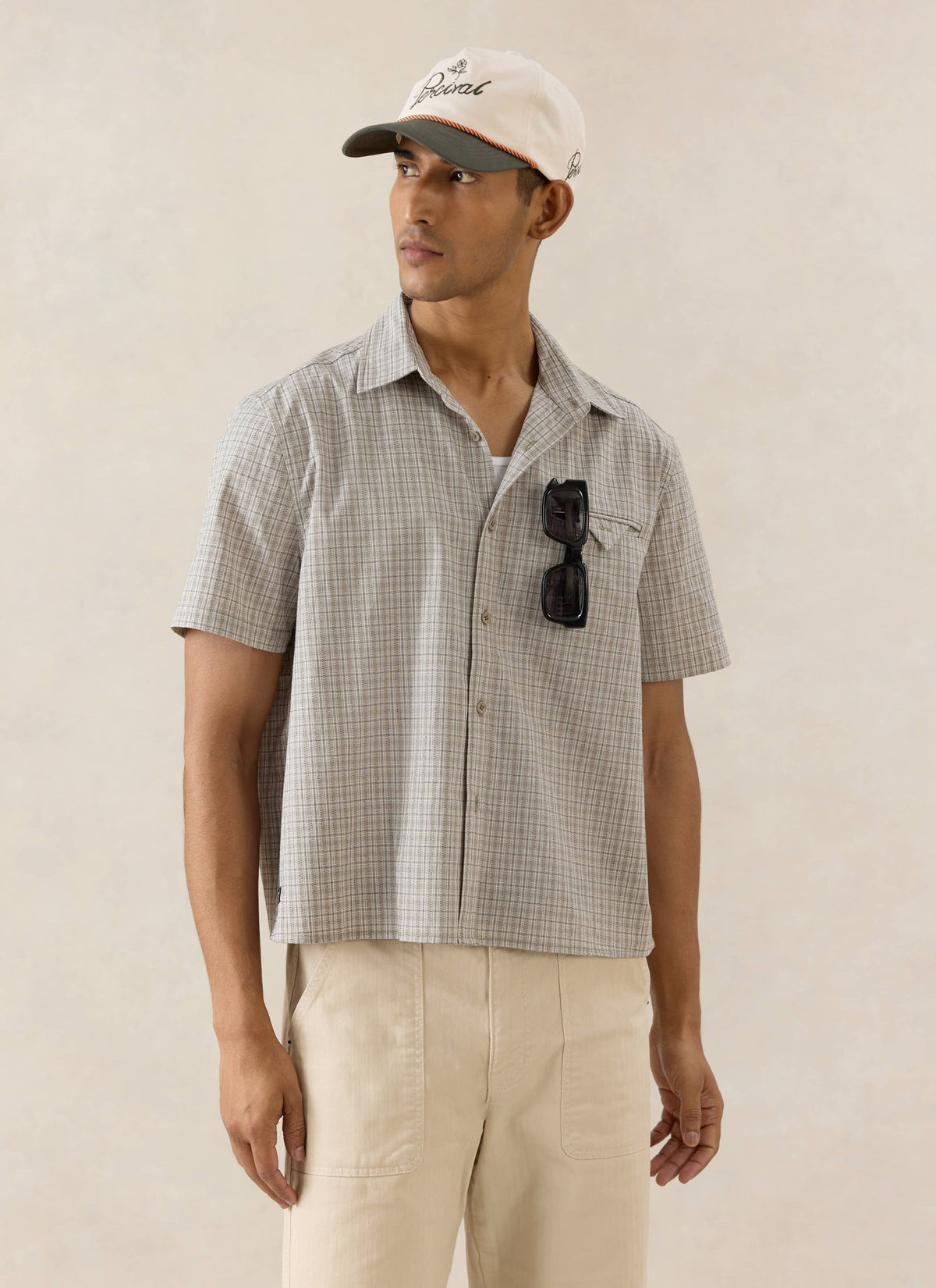 Men's Boxy Short Sleeve Shirt - Cotton - Cream Check | Percival